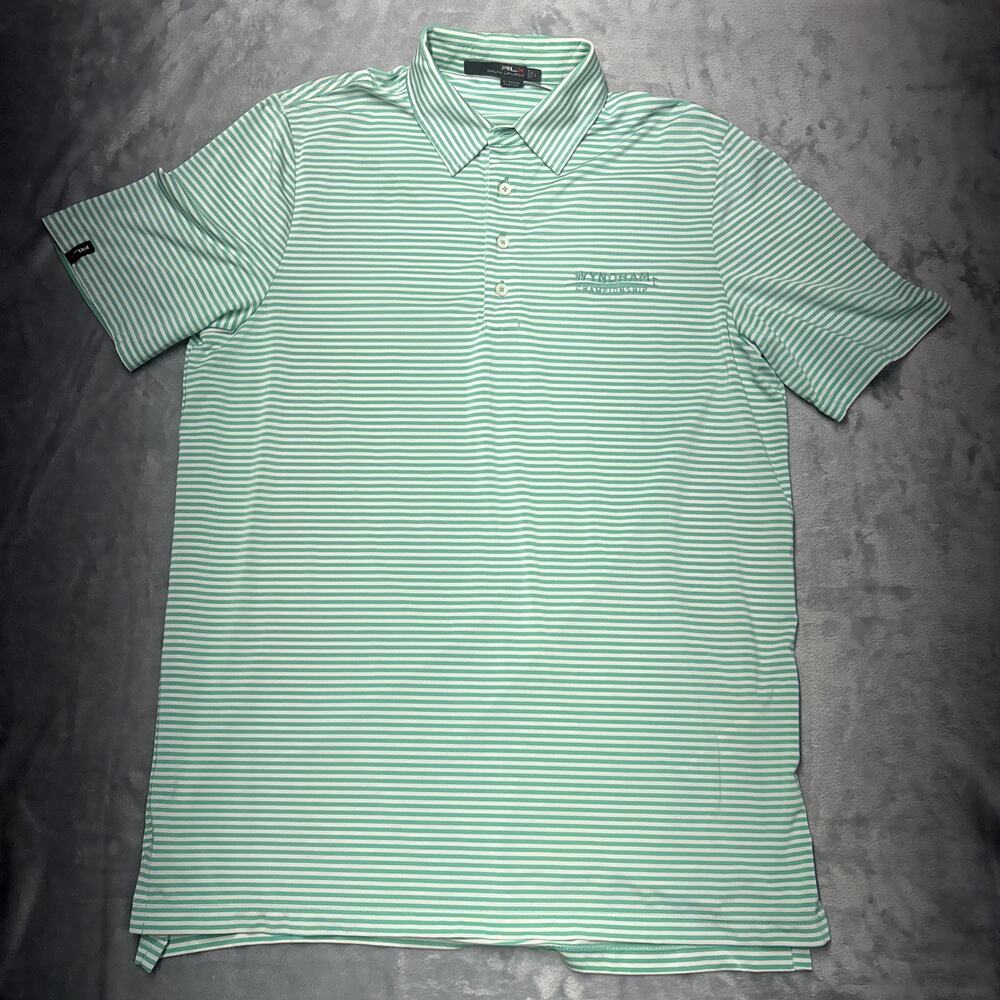 RLX Ralph Lauren Green White Striped Polo Shirt Short Sleeve L Wyndham Logo Flaw